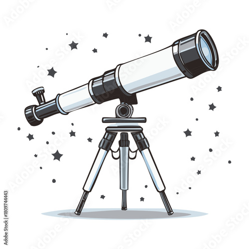 Cartoon style telescope on a tripod surrounded by stars for space exploration and cosmic observation