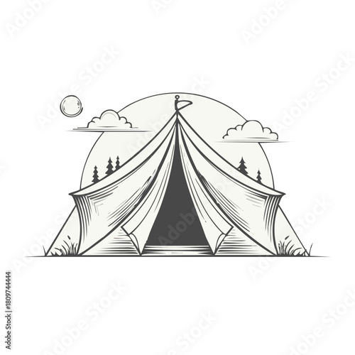Retro camping tent illustration with sun, clouds, and trees, outdoorsy theme.