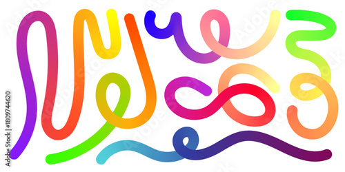 Rainbow gradients sweep through wavy lines and squiggly ribbons. Bright curves and doodle shapes form a fun abstract flow ideal for kids graphics, summer posters and vibrant pride inspired designs.