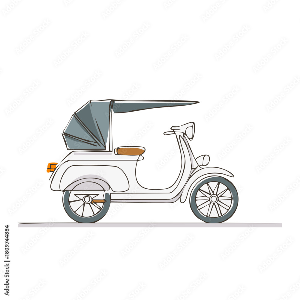 Fototapeta premium Stylized three wheeled auto rickshaw with a protective canopy for traditional passenger transport