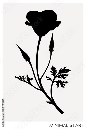 Californian poppy silhouette illustration. Minimalist art botanical poster template. Trinket design element. NOT AI generated