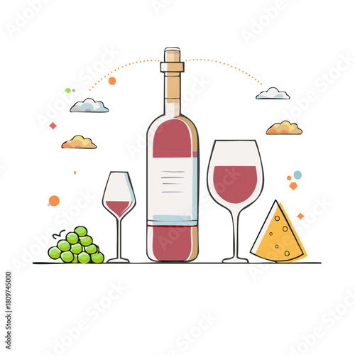 Elegant red wine tasting still life with cheese and grapes vector illustration