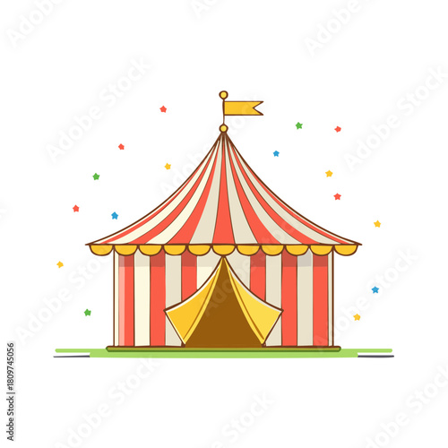 Cartoon Circus Tent with Striped Design and Star Confetti, Vector Illustration