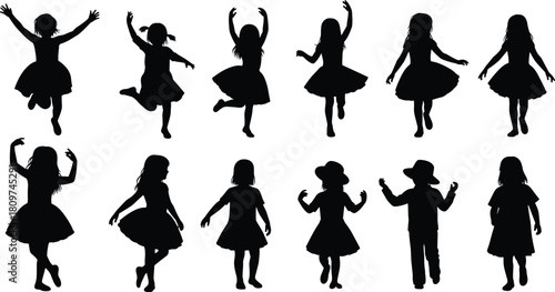 Silhouette children dancing and posing in various playful movements, expressive kid figures, creative vector illustration of active childhood moments for art,