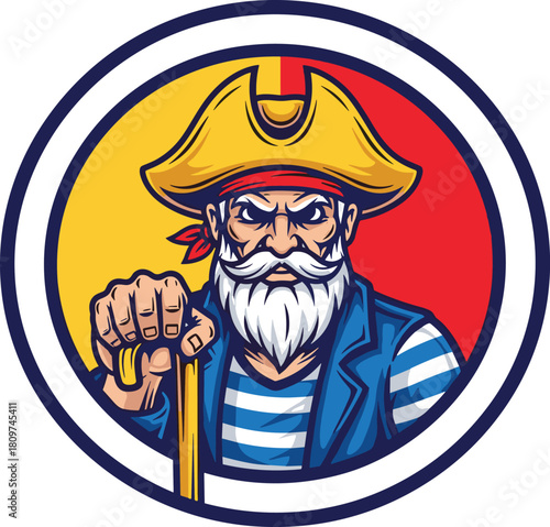 Angry old pirate captain mascot with white beard, wearing hat and striped shirt, vector illustration logo isolated on white background.