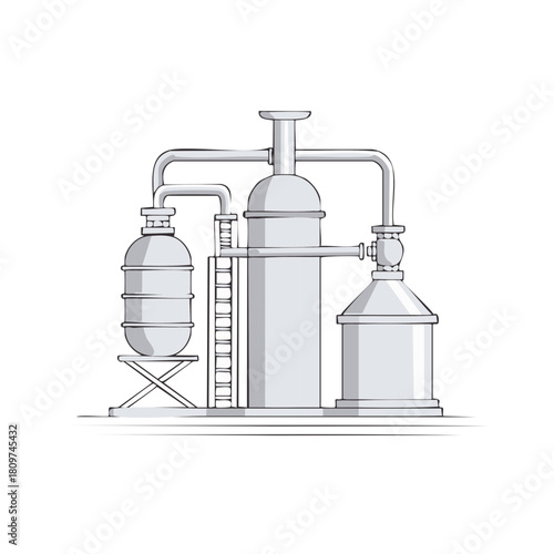 Industrial processing plant sketch illustration showing tanks pipes and distillation equipment