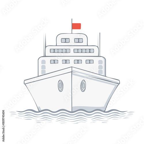 Front view of a large passenger cruise ship sailing on wavy water