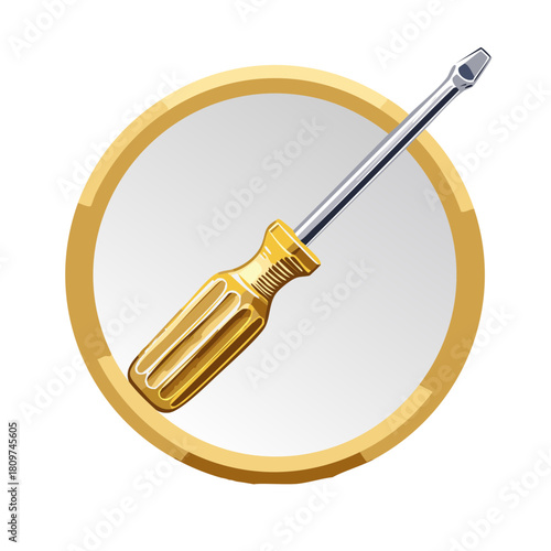 Illustration of a yellow screwdriver inside a golden circle graphic