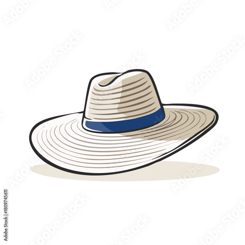 Stylish straw sunhat with a wide brim and blue band vector illustration