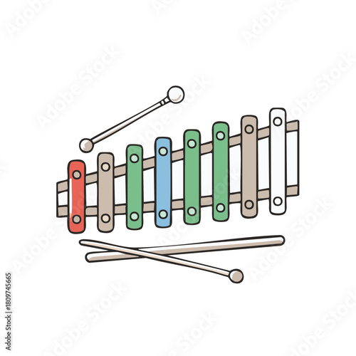 Colorful Wooden Xylophone with Mallets, Isolated on White Background