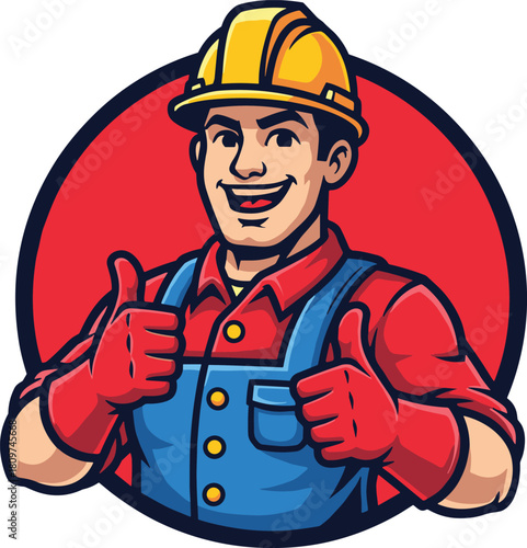Smiling cartoon construction worker mascot wearing yellow hard hat and overalls, giving thumbs up, vector illustration isolated on white background.