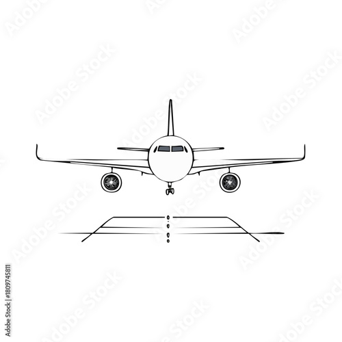 Frontal view line art illustration of a commercial jet airliner on a runway with landing gear down for travel and aviation design