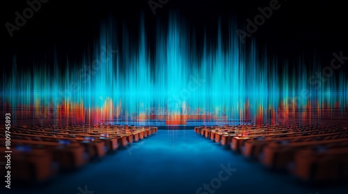 A vibrant visual representation of sound waves in a concert hall, showcasing dynamic colors of blue and orange against a dark background.