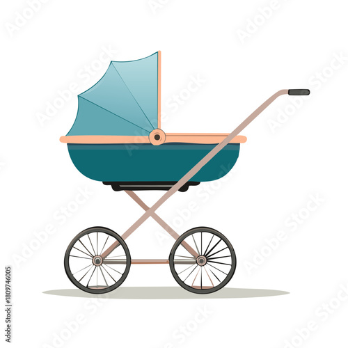 Vintage Baby Carriage with Hood for Newborn in Teal and Peach Colors