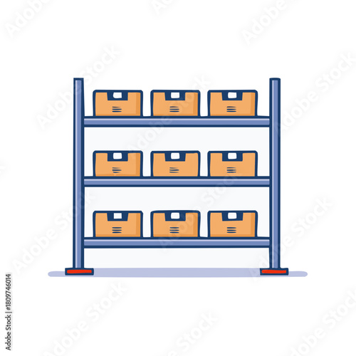 Metal warehouse storage rack with organized cardboard boxes illustration.