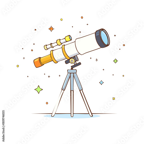 Bright cartoon telescope on a tripod for science education and stargazing illustration