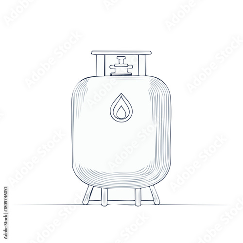 Blue drawing of a portable gas tank for camping and grilling with droplet icon
