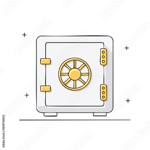 Doodle style security safe box illustration with yellow lock for financial protection and assets.