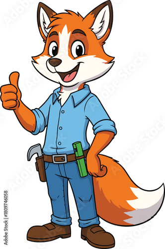 Cute cartoon fox handyman character wearing tool belt giving thumbs up, funny builder mascot vector illustration isolated on white background.