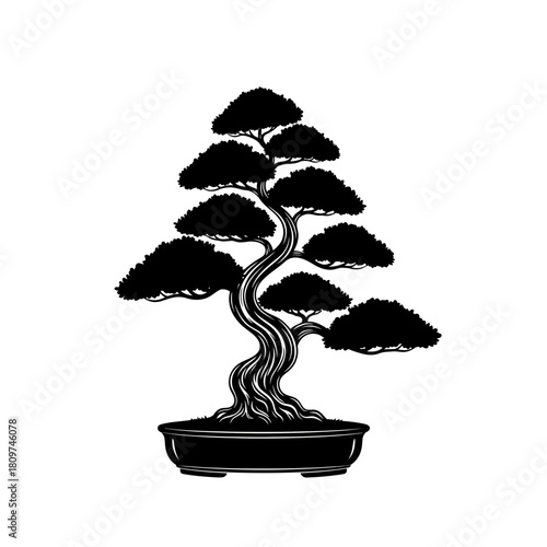 An elegant black vector silhouette of a formal upright bonsai tree (2).