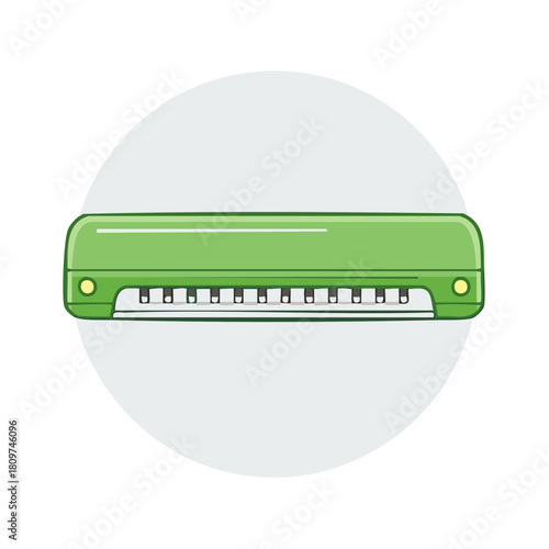 Single Green Harmonica Musical Instrument Illustration with Simple Outline