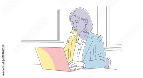 Focused female professional working on laptop in minimalist office environment illustration