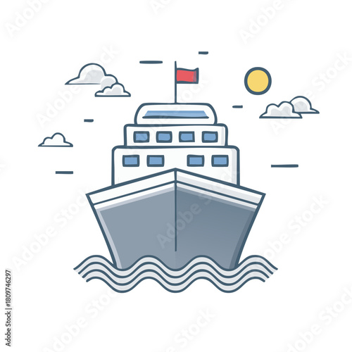 Cartoon Cruise Ship Sailing with Waves Under Clouds and Sun in the Sky