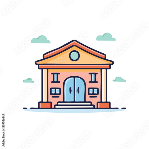 Stylized Building with Columns Arched Doors and Clouds