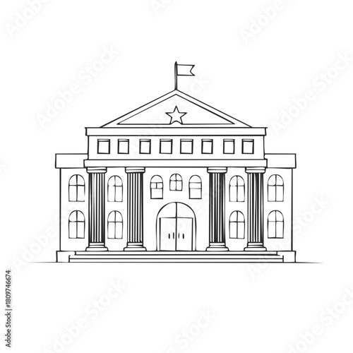 Hand-Drawn Building with Columns and Flag, Government or University, Single Line Illustration