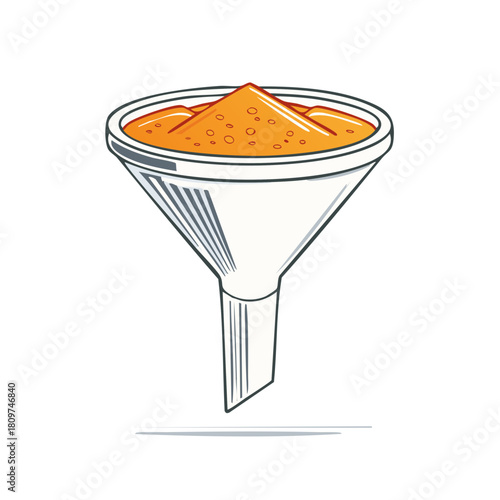 White laboratory funnel full of vibrant orange powder substance vector illustration