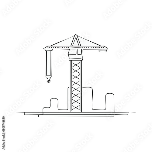 Hand-drawn illustration of a towering construction crane overseeing an urban development site with building outlines