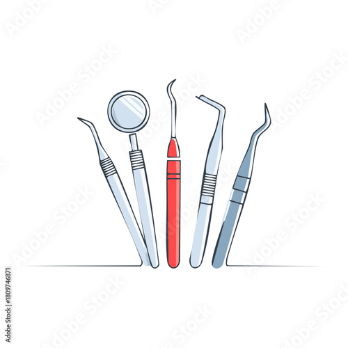 Collection of dental instruments including a mirror scaler and probes arranged in a line
