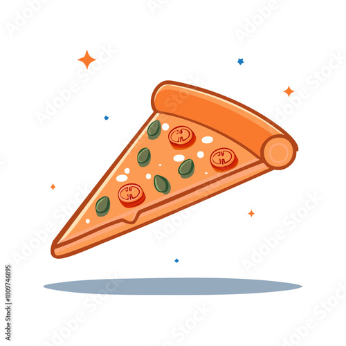 Cartoon Slice of Pizza with Tomatoes and Green Peppers Floating