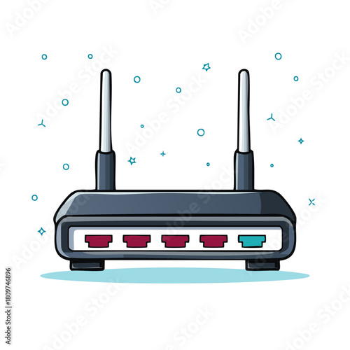 Illustration of a wireless router with antennas, ports, and decorative elements
