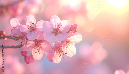Soft focus closeup of pink cherry blossoms on a branch with a bokeh background in golden light