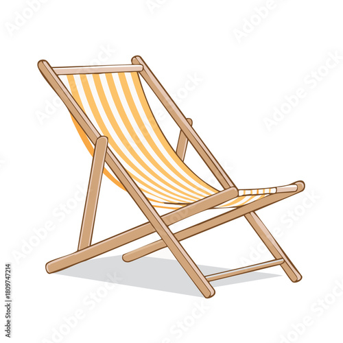 Illustration of a wooden deck chair with orange and white striped fabric, leisure concept