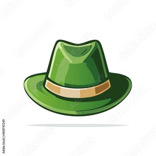 Green fedora hat with beige band, illustration, isolated