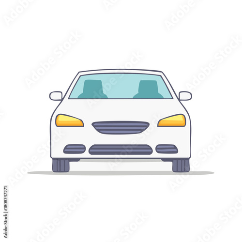 Front View of a White Sedan Car with Bright Headlights and Tinted Windows