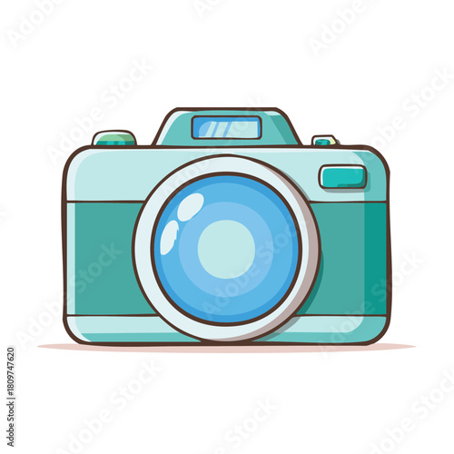Cute cartoon camera illustration with a vibrant blue and teal color scheme for photography