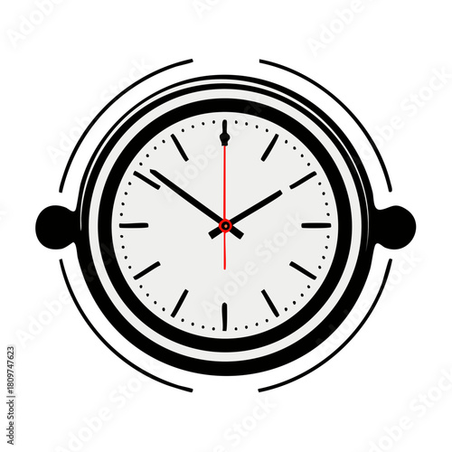 Abstract modern clock graphic with a bold black and white dial and a striking red second hand