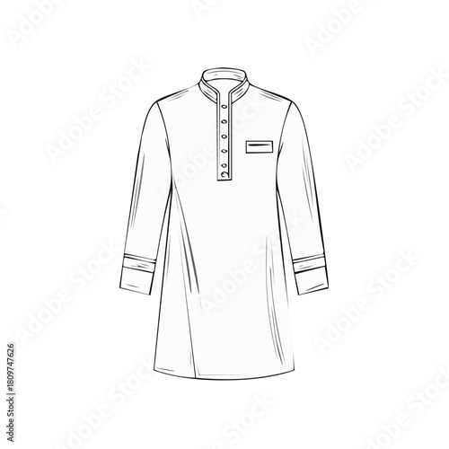 Line art drawing of a white kurta with a mandarin collar and button placket