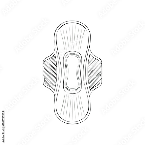 Sanitary pad illustration, feminine hygiene product, black and white sketch