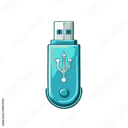 Hand drawn cartoon illustration of a blue USB flash drive for digital data storage
