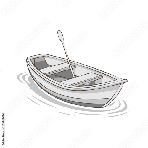 Simple rowboat with paddle floating on calm water, isolated illustration