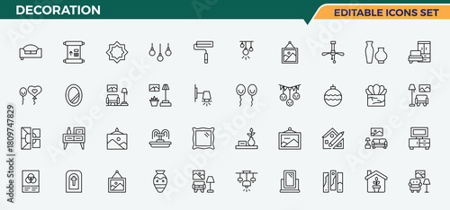 Set of Decoration line icon. It contains symbols to house interior, decor, house, architecture and more. Decor icon collection. UI icons set in a thin style. Pixel perfect. Editable vector.