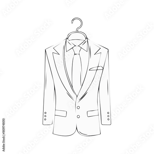 Elegant formal men's suit jacket with shirt and tie hanging on a hanger, minimalist line art drawing