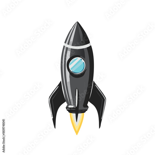 Retro style space rocket taking off with fiery propulsion cartoon illustration