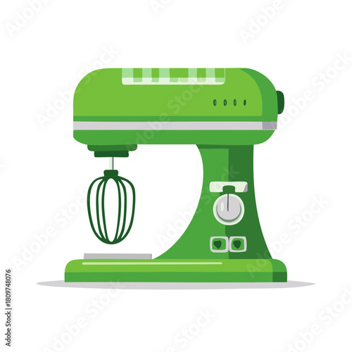 Bright green stand mixer with whisk attachment for baking and cooking preparations