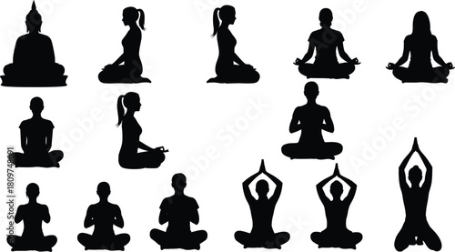 Meditation, yoga, silhouette, pose, spiritual, mindfulness, seated, black, figure, calm, peaceful, relaxation, practice, discipline, prayer, Buddha, cross-legged, harmony, wellness, balance