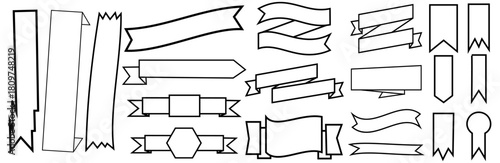 Illustration of various banner and ribbon designs in black outline on a white background layout style